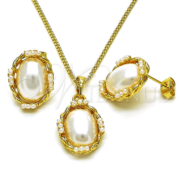 Juego de Arete y Dije de Adulto 10.379.0081 Oro Laminado, Diseño de Torcido, con Marfil Perla, Pulido, Tono Dorado