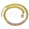Tobillera Elegante 03.130.0010.3.10 Oro Laminado, Diseño de Miami Cubana y Baguette, con Rosado Zirconia Cubica, Pulido, Tono Dorado (05 MM Thickness, 10 Inches Length)
