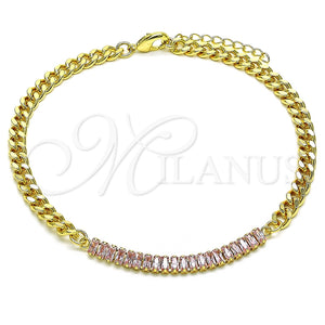 Tobillera Elegante 03.130.0010.3.10 Oro Laminado, Diseño de Miami Cubana y Baguette, con Rosado Zirconia Cubica, Pulido, Tono Dorado (05 MM Thickness, 10 Inches Length)