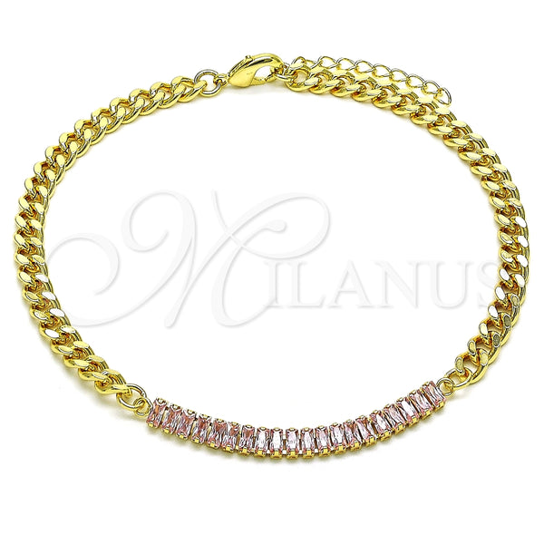 Tobillera Elegante 03.130.0010.3.10 Oro Laminado, Diseño de Miami Cubana y Baguette, con Rosado Zirconia Cubica, Pulido, Tono Dorado (05 MM Thickness, 10 Inches Length)
