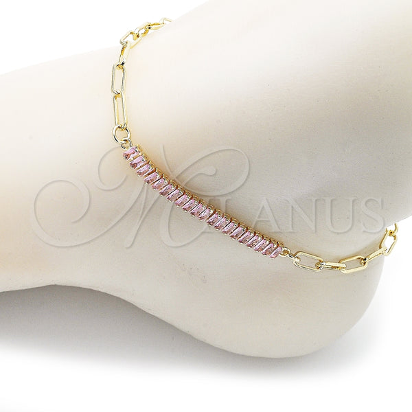 Tobillera Elegante 03.130.0011.3.10 Oro Laminado, Diseño de Paperclip y Baguette, con Rosado Zirconia Cubica, Pulido, Tono Dorado (04 MM Thickness, 10 Inches Length)