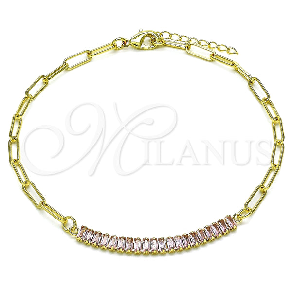 Tobillera Elegante 03.130.0011.3.10 Oro Laminado, Diseño de Paperclip y Baguette, con Rosado Zirconia Cubica, Pulido, Tono Dorado (04 MM Thickness, 10 Inches Length)