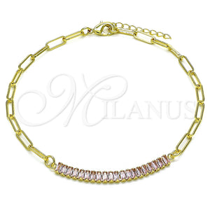 Tobillera Elegante 03.130.0011.3.10 Oro Laminado, Diseño de Paperclip y Baguette, con Rosado Zirconia Cubica, Pulido, Tono Dorado (04 MM Thickness, 10 Inches Length)