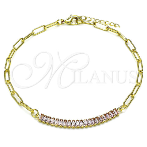Tobillera Elegante 03.130.0011.3.10 Oro Laminado, Diseño de Paperclip y Baguette, con Rosado Zirconia Cubica, Pulido, Tono Dorado (04 MM Thickness, 10 Inches Length)