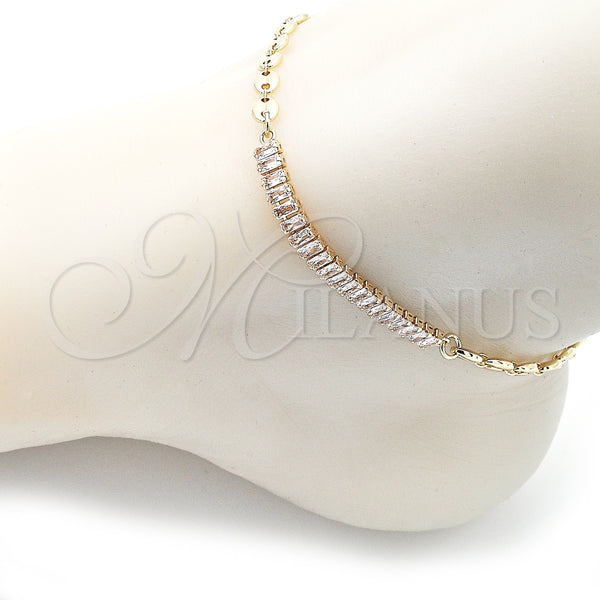 Tobillera Elegante 03.130.0013.10 Oro Laminado, Diseño de Puff Mariner y Baguette, con Blanca Zirconia Cubica, Pulido, Tono Dorado (05 MM Thickness, 10 Inches Length)