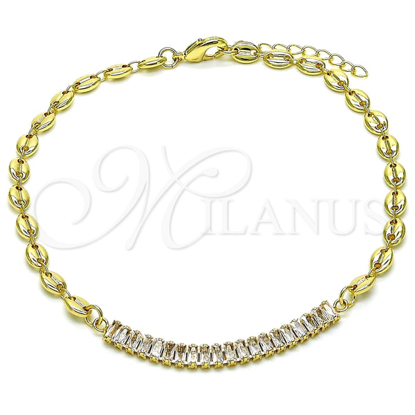Tobillera Elegante 03.130.0013.10 Oro Laminado, Diseño de Puff Mariner y Baguette, con Blanca Zirconia Cubica, Pulido, Tono Dorado (05 MM Thickness, 10 Inches Length)