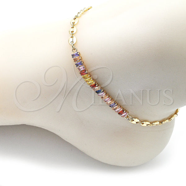 Tobillera Elegante 03.130.0013.1.10 Oro Laminado, Diseño de Puff Mariner y Baguette, con Multicolor Zirconia Cubica, Pulido, Tono Dorado (05 MM Thickness, 10 Inches Length)