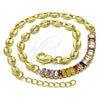 Tobillera Elegante 03.130.0013.1.10 Oro Laminado, Diseño de Puff Mariner y Baguette, con Multicolor Zirconia Cubica, Pulido, Tono Dorado (05 MM Thickness, 10 Inches Length)