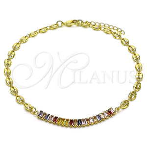 Tobillera Elegante 03.130.0013.1.10 Oro Laminado, Diseño de Puff Mariner y Baguette, con Multicolor Zirconia Cubica, Pulido, Tono Dorado (05 MM Thickness, 10 Inches Length)