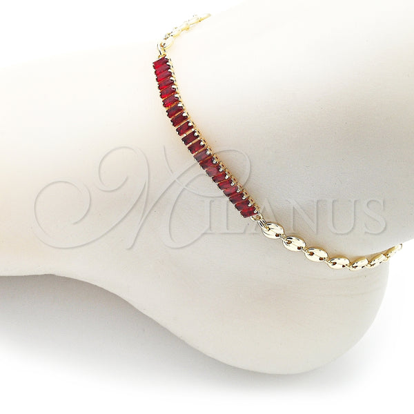 Tobillera Elegante 03.130.0013.2.10 Oro Laminado, Diseño de Puff Mariner y Baguette, con Granate Zirconia Cubica, Pulido, Tono Dorado (05 MM Thickness, 10 Inches Length)