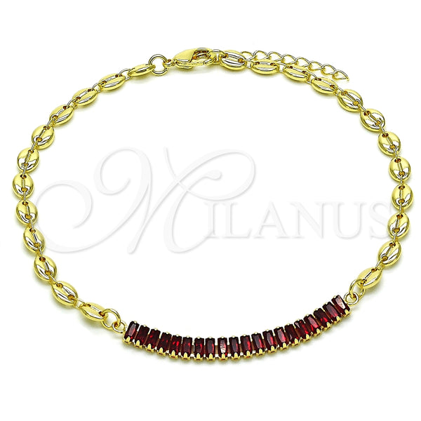 Tobillera Elegante 03.130.0013.2.10 Oro Laminado, Diseño de Puff Mariner y Baguette, con Granate Zirconia Cubica, Pulido, Tono Dorado (05 MM Thickness, 10 Inches Length)