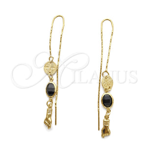 Arete Violador 02.02.0532 Oro Laminado, Diseño de Tortuga y Mano de Figa, con Negro Cristal, Pulido, Tono Dorado