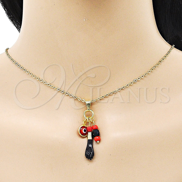 Dije Religioso 05.63.1166 Oro Laminado, Diseño de Mano de Figa y Ojo Griego, Resinado Rojo, Tono Dorado