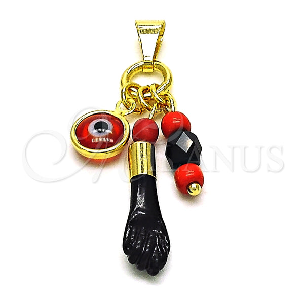 Dije Religioso 05.63.1166 Oro Laminado, Diseño de Mano de Figa y Ojo Griego, Resinado Rojo, Tono Dorado