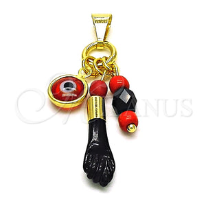 Dije Religioso 05.63.1166 Oro Laminado, Diseño de Mano de Figa y Ojo Griego, Resinado Rojo, Tono Dorado