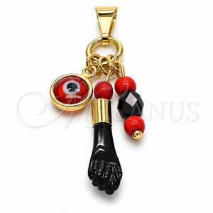Dije Religioso 05.63.1166 Oro Laminado, Diseño de Mano de Figa y Ojo Griego, Resinado Rojo, Tono Dorado