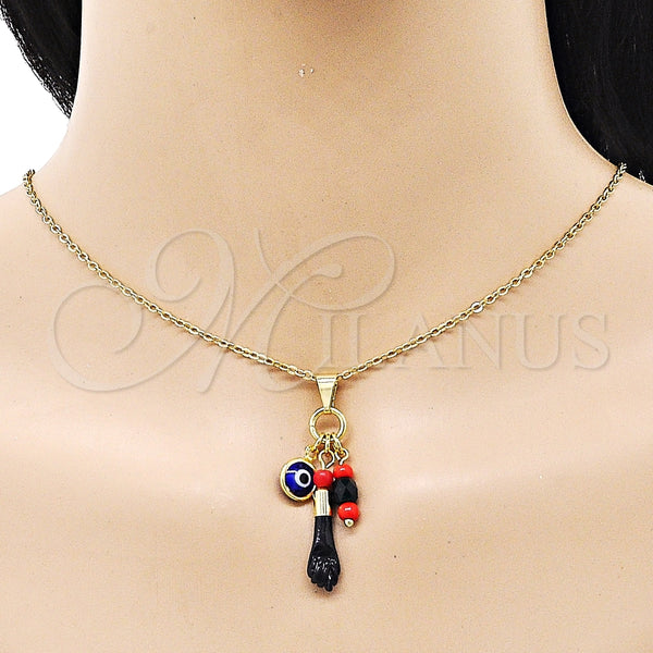 Dije Religioso 05.63.1166.1 Oro Laminado, Diseño de Mano de Figa y Ojo Griego, Resinado Azul, Tono Dorado