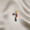 Dije Religioso 05.63.1166.1 Oro Laminado, Diseño de Mano de Figa y Ojo Griego, Resinado Azul, Tono Dorado