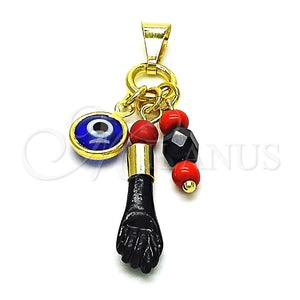 Dije Religioso 05.63.1166.1 Oro Laminado, Diseño de Mano de Figa y Ojo Griego, Resinado Azul, Tono Dorado