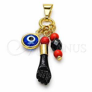 Dije Religioso 05.63.1166.1 Oro Laminado, Diseño de Mano de Figa y Ojo Griego, Resinado Azul, Tono Dorado
