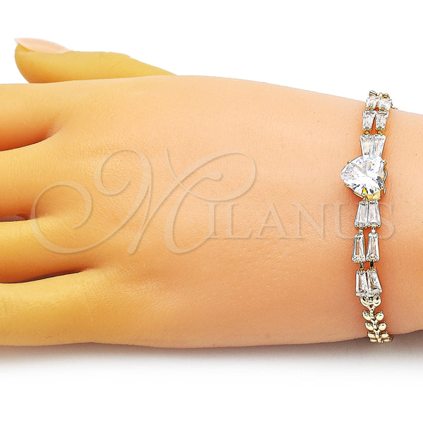 Pulsera Elegante 03.283.0304.07 Oro Laminado, Diseño de Corazón y Baguette, con Blanca Zirconia Cubica, Pulido, Tono Dorado (05 MM Thickness, 7 Inches Length)