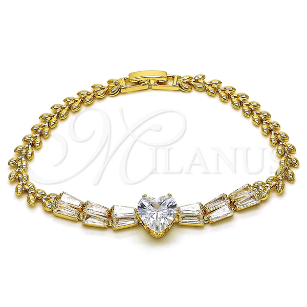 Pulsera Elegante 03.283.0304.07 Oro Laminado, Diseño de Corazón y Baguette, con Blanca Zirconia Cubica, Pulido, Tono Dorado (05 MM Thickness, 7 Inches Length)