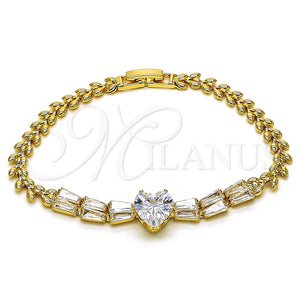 Pulsera Elegante 03.283.0304.07 Oro Laminado, Diseño de Corazón y Baguette, con Blanca Zirconia Cubica, Pulido, Tono Dorado (05 MM Thickness, 7 Inches Length)