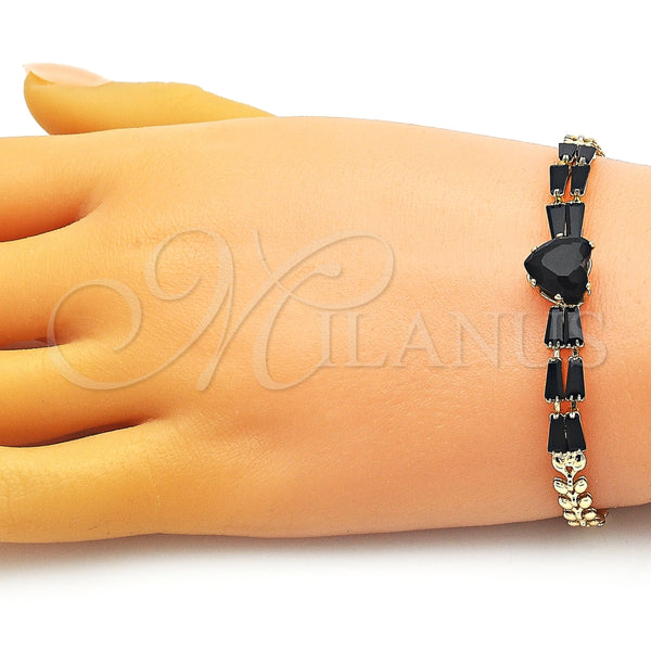 Pulsera Elegante 03.283.0304.1.07 Oro Laminado, Diseño de Corazón y Baguette, con Negro Zirconia Cubica, Pulido, Tono Dorado (05 MM Thickness, 7 Inches Length)