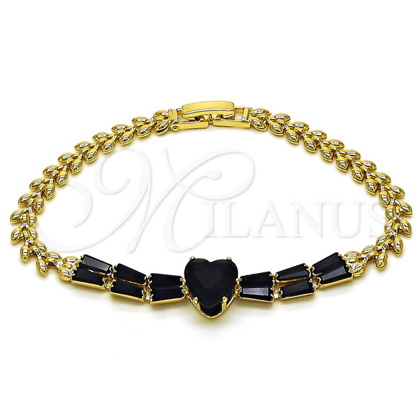 Pulsera Elegante 03.283.0304.1.07 Oro Laminado, Diseño de Corazón y Baguette, con Negro Zirconia Cubica, Pulido, Tono Dorado (05 MM Thickness, 7 Inches Length)