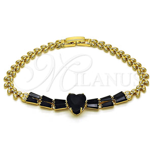 Pulsera Elegante 03.283.0304.1.07 Oro Laminado, Diseño de Corazón y Baguette, con Negro Zirconia Cubica, Pulido, Tono Dorado (05 MM Thickness, 7 Inches Length)