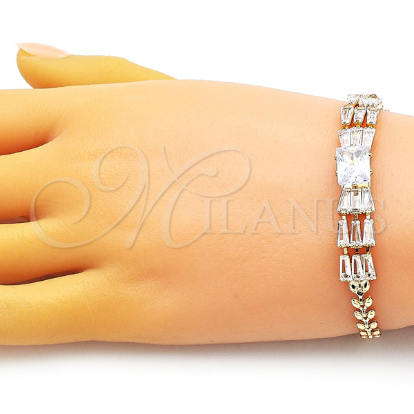Pulsera Elegante 03.283.0305.07 Oro Laminado, Diseño de Baguette y Oja, con Blanca Zirconia Cubica, Pulido, Tono Dorado (05 MM Thickness, 7 Inches Length)