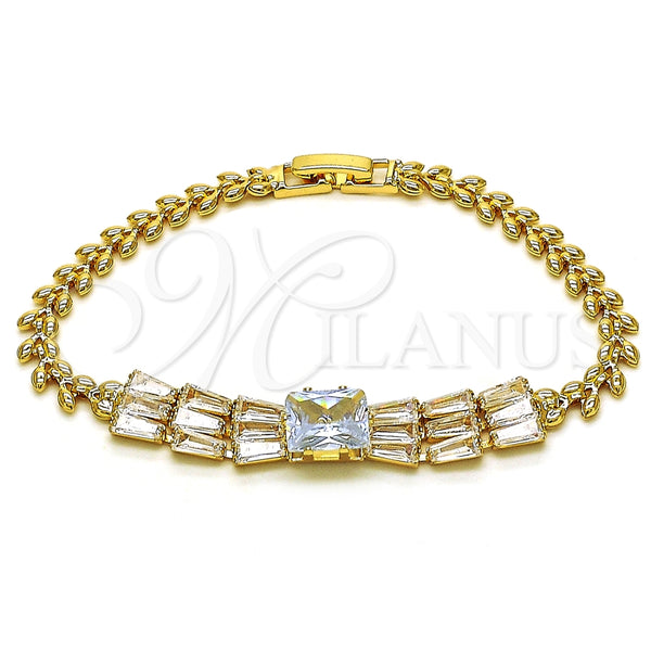Pulsera Elegante 03.283.0305.07 Oro Laminado, Diseño de Baguette y Oja, con Blanca Zirconia Cubica, Pulido, Tono Dorado (05 MM Thickness, 7 Inches Length)