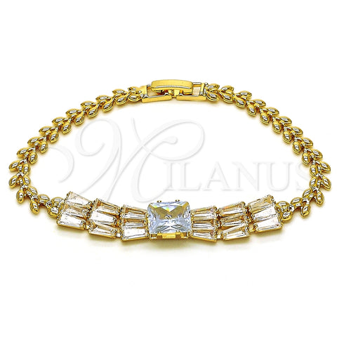 Pulsera Elegante 03.283.0305.07 Oro Laminado, Diseño de Baguette y Oja, con Blanca Zirconia Cubica, Pulido, Tono Dorado (05 MM Thickness, 7 Inches Length)