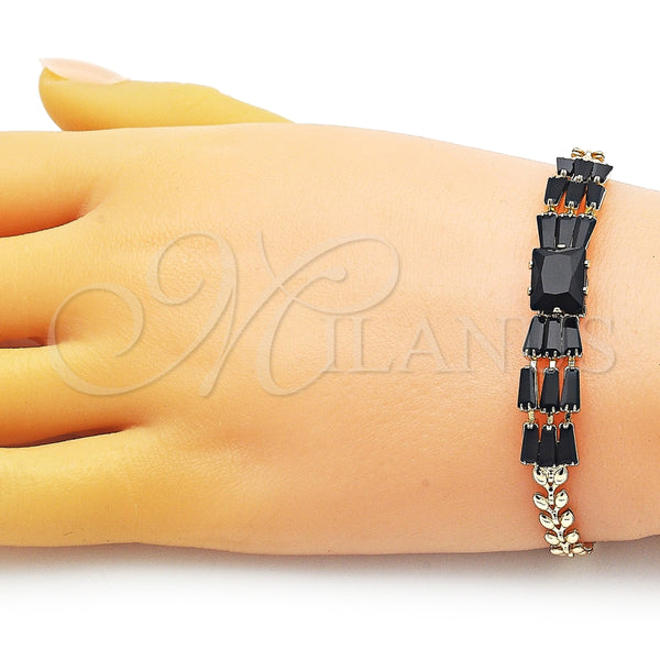 Pulsera Elegante 03.283.0305.1.07 Oro Laminado, Diseño de Baguette y Oja, con Negro Zirconia Cubica, Pulido, Tono Dorado (05 MM Thickness, 7 Inches Length)