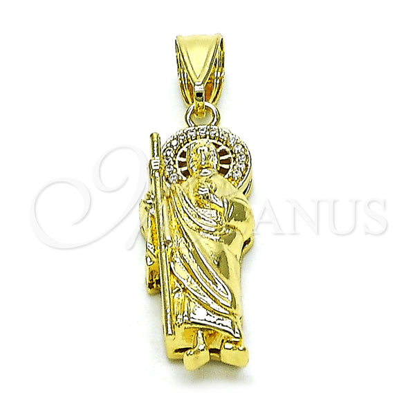 Dije Religioso 05.411.0001 Oro Laminado, Diseño de San Judas, con Blanca Micro Pave, Pulido, Tono Dorado