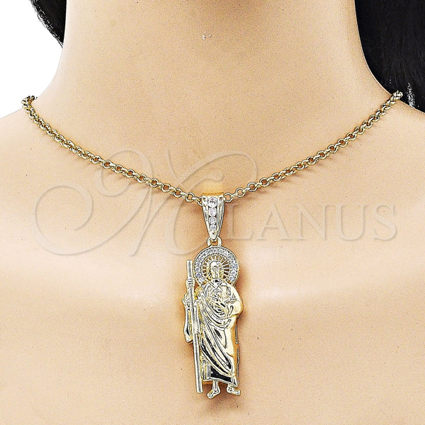 Dije Religioso 05.411.0003 Oro Laminado, Diseño de San Judas, con Blanca Micro Pave and Blanca Zirconia Cubica, Pulido, Tono Dorado