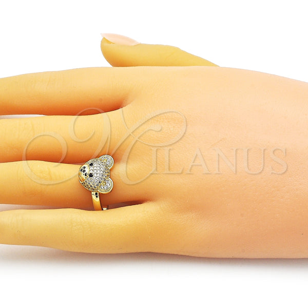 Anillo Multi Piedra 01.341.0102 Oro Laminado, Diseño de Osito y Solitario, con Blanca and Negro Micro Pave, Pulido, Tono Dorado (One size fits all)
