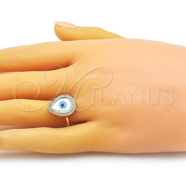 Anillo Multi Piedra 01.341.0108 Oro Laminado, Diseño de Gota y Ojo Griego, con Blanca Micro Pave and Marfil Madre Perla, Pulido, Tono Dorado (One size fits all)