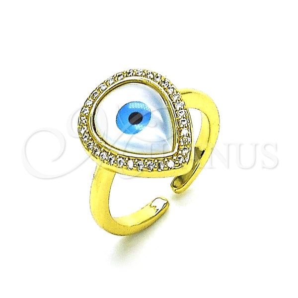 Anillo Multi Piedra 01.341.0108 Oro Laminado, Diseño de Gota y Ojo Griego, con Blanca Micro Pave and Marfil Madre Perla, Pulido, Tono Dorado (One size fits all)