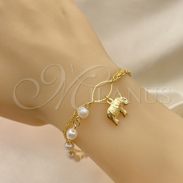 Pulsera de Dije 03.32.0580.07 Oro Laminado, Diseño de Elefante y Bola, con Marfil Perla, Pulido, Tono Dorado (06 MM Thickness, 7 Inches Length)