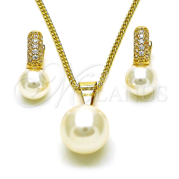Juego de Arete y Dije de Adulto 10.195.0061 Oro Laminado, Diseño de Bola, con Marfil Perla and Blanca Micro Pave, Pulido, Tono Dorado