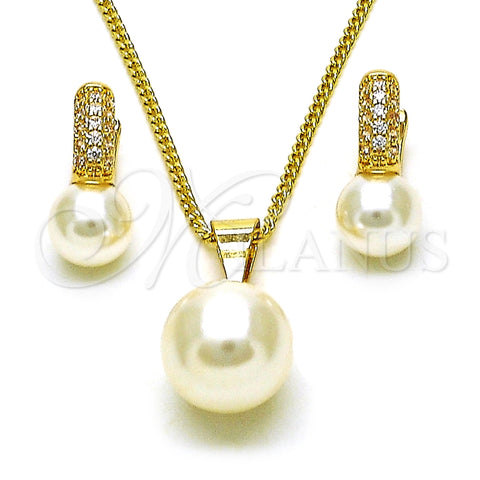 Juego de Arete y Dije de Adulto 10.195.0061 Oro Laminado, Diseño de Bola, con Marfil Perla and Blanca Micro Pave, Pulido, Tono Dorado