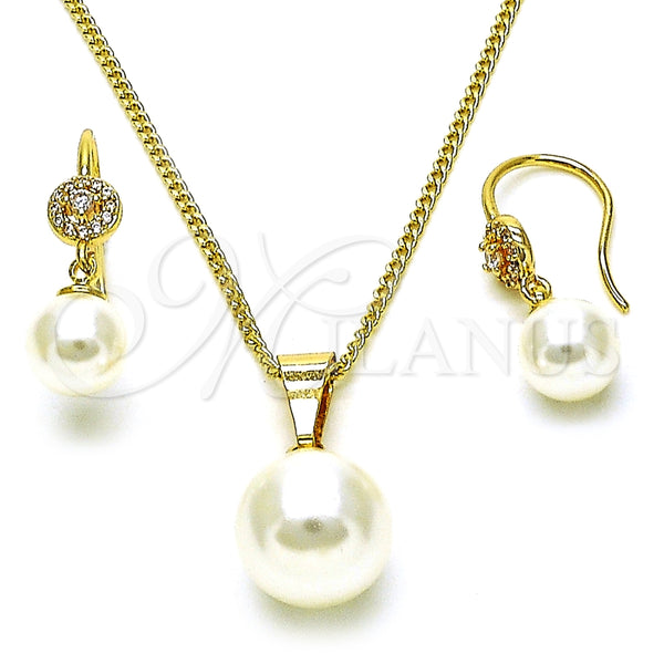 Juego de Arete y Dije de Adulto 10.195.0064 Oro Laminado, Diseño de Bola, con Marfil Perla and Blanca Micro Pave, Pulido, Tono Dorado