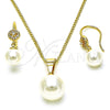 Juego de Arete y Dije de Adulto 10.195.0064 Oro Laminado, Diseño de Bola, con Marfil Perla and Blanca Micro Pave, Pulido, Tono Dorado