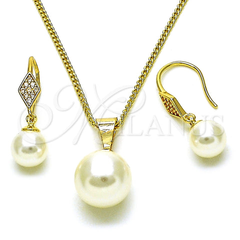 Juego de Arete y Dije de Adulto 10.195.0065 Oro Laminado, Diseño de Bola, con Marfil Perla and Blanca Micro Pave, Pulido, Tono Dorado