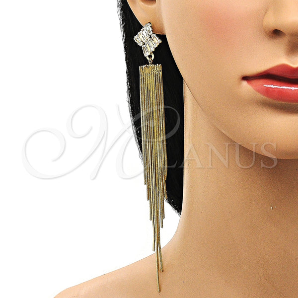 Arete Largo 02.268.0110 Oro Laminado, Diseño de Baguette y Cola de Raton, con Blanca Zirconia Cubica, Pulido, Tono Dorado