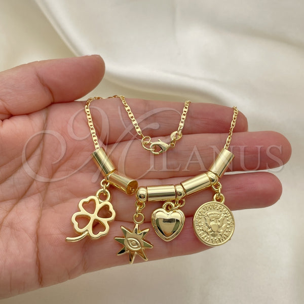 Tobillera de Dije 03.32.0588.10 Oro Laminado, Diseño de Corazón y Estrella, Pulido, Tono Dorado (06 MM Thickness, 10 Inches Length)