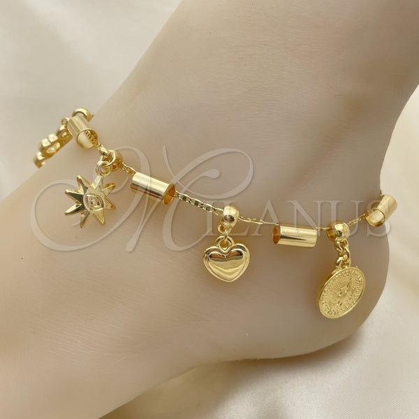 Tobillera de Dije 03.32.0588.10 Oro Laminado, Diseño de Corazón y Estrella, Pulido, Tono Dorado (06 MM Thickness, 10 Inches Length)