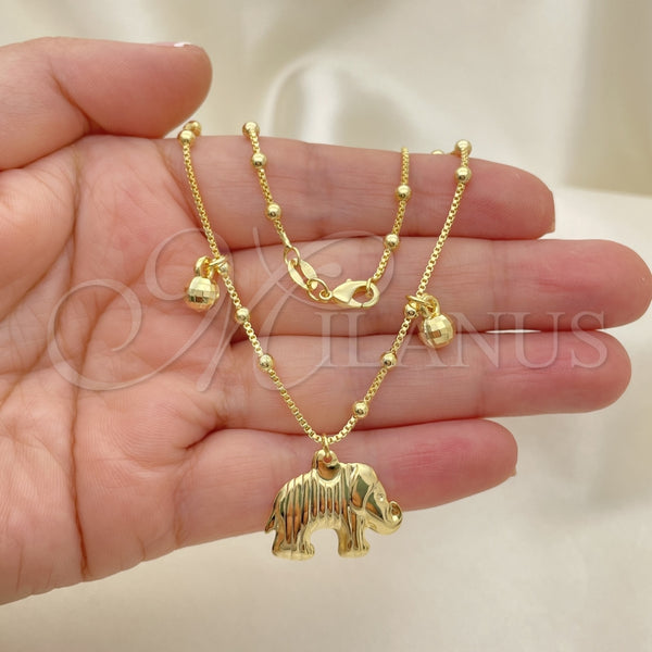 Tobillera de Dije 03.32.0592.10 Oro Laminado, Diseño de Elefante y Bola, Pulido, Tono Dorado (06 MM Thickness, 10 Inches Length)