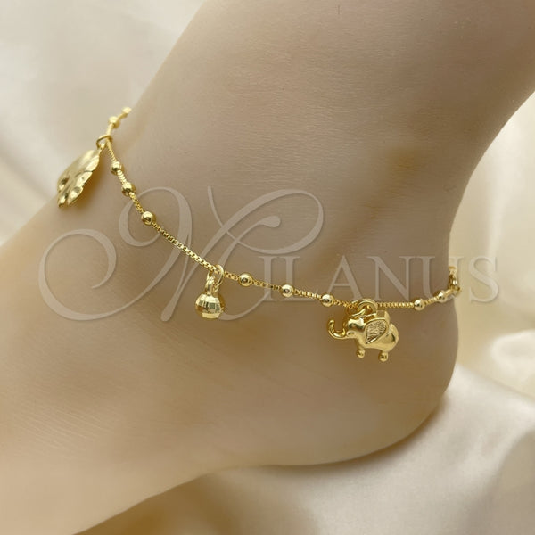 Tobillera de Dije 03.32.0592.10 Oro Laminado, Diseño de Elefante y Bola, Pulido, Tono Dorado (06 MM Thickness, 10 Inches Length)